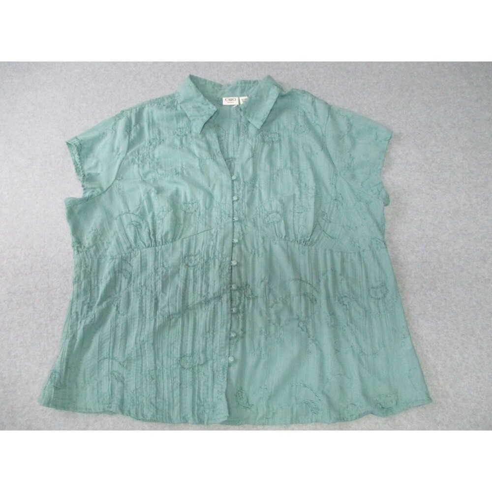 Cato Woman Blouse 22/24 Green Babydoll Crinkle Embroidered Cottagecore Peasant